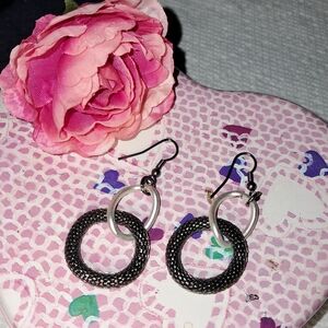 Textured Ring Drop Earrings w/ Silvertone & Gunmetal